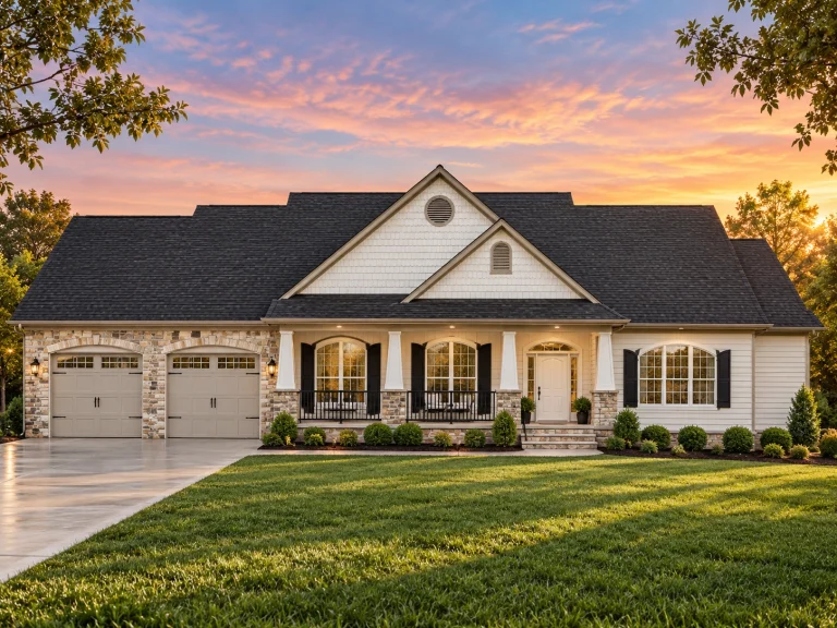 House Plans with Rear Entry Garage 7 Front elevation of a Traditional Ranch Craftsman style home featuring horizontal siding, stone accents, and a welcoming covered porch with gable rooflines.