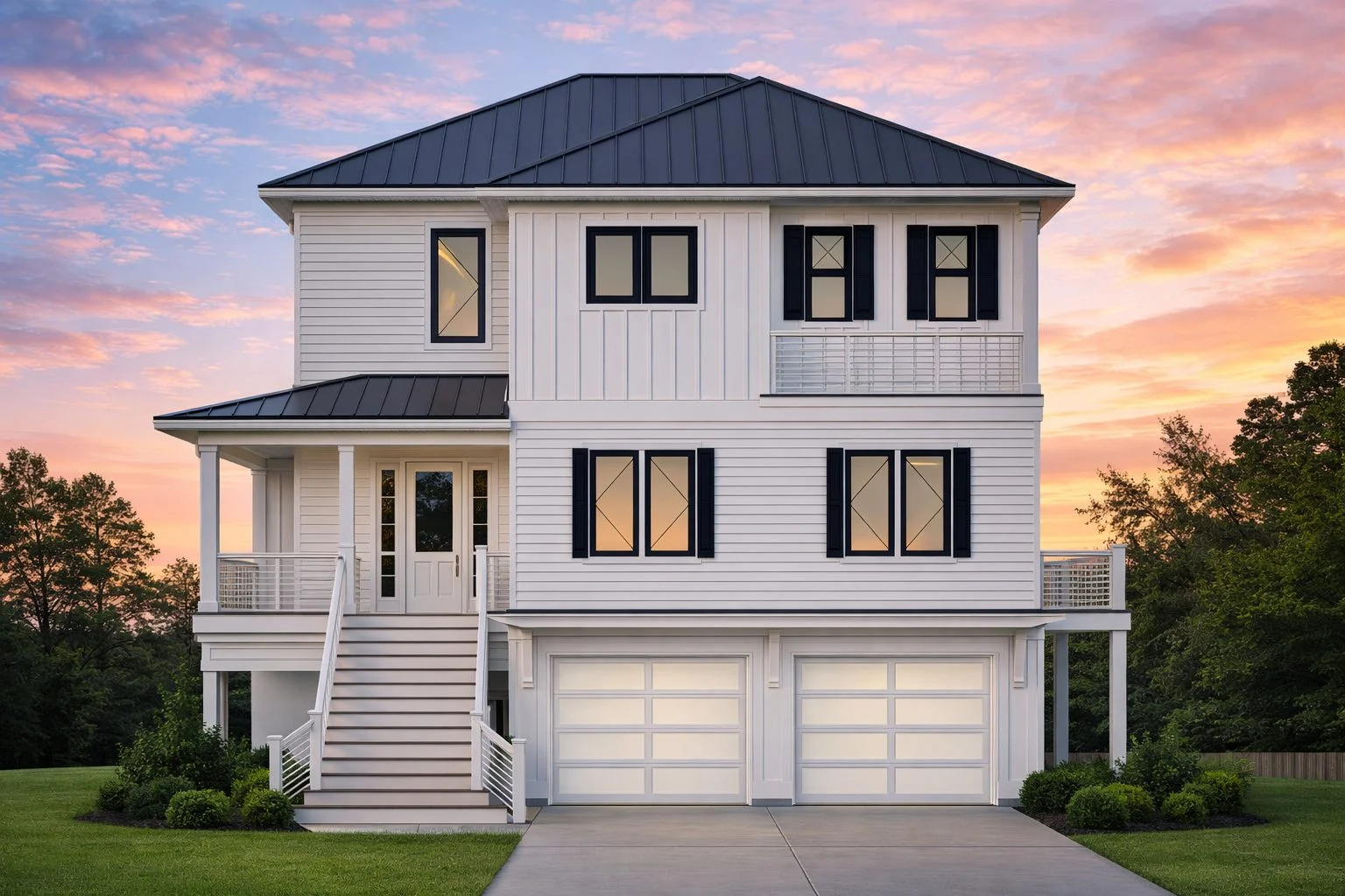 Front elevation of an elevated Coastal style home with horizontal siding, double garage, balcony railing, and symmetrical window design