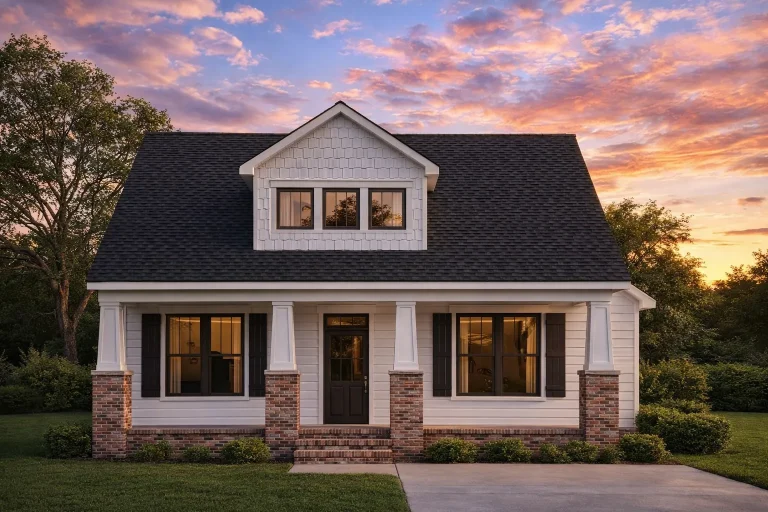Front elevation of a Traditional Cottage Craftsman style home featuring siding, stone accents, gabled roof, and a welcoming covered porch