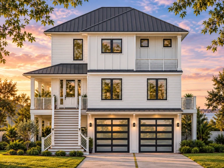 Top Designer-Approved House Plans 2 Front elevation of an elevated Coastal style home with horizontal siding, double garage, balcony railing, and symmetrical window design