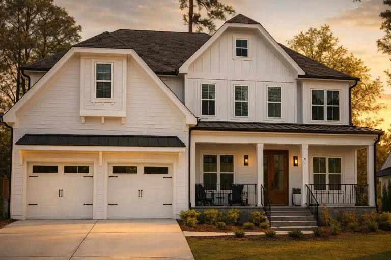 Front elevation of a Modern Farmhouse home with white board and batten siding, black metal roof accents, double garage, and covered front porch