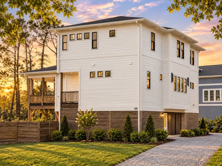Elevated Coastal Low Country style home with white lap siding, simple rooflines, and classic Southern porch design