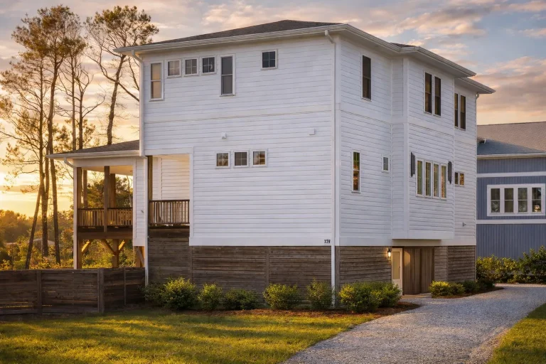Elevated Coastal Low Country style home with white lap siding, simple rooflines, and classic Southern porch design