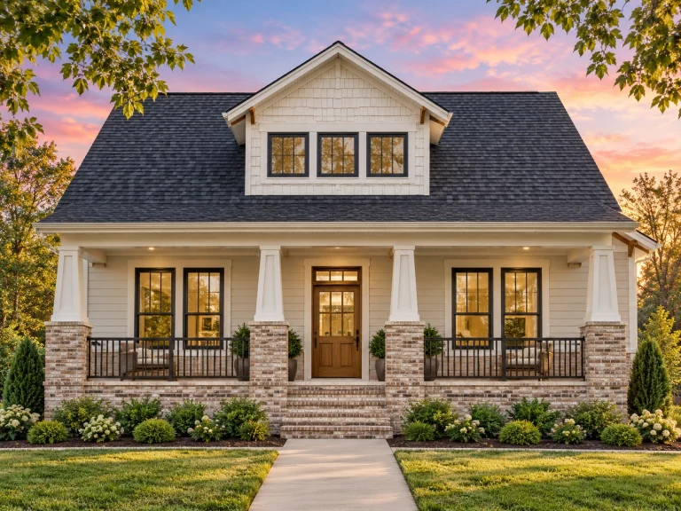 Modern Suburban House Plans 1 Front elevation of a Traditional Cottage Craftsman style home featuring siding, stone accents, gabled roof, and a welcoming covered porch