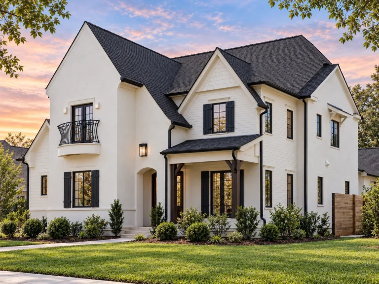 Modern Suburban House Plans 9 Front elevation of a French Country and French Provincial style home featuring smooth stucco exterior, steep rooflines, shuttered windows, and a refined European façade
