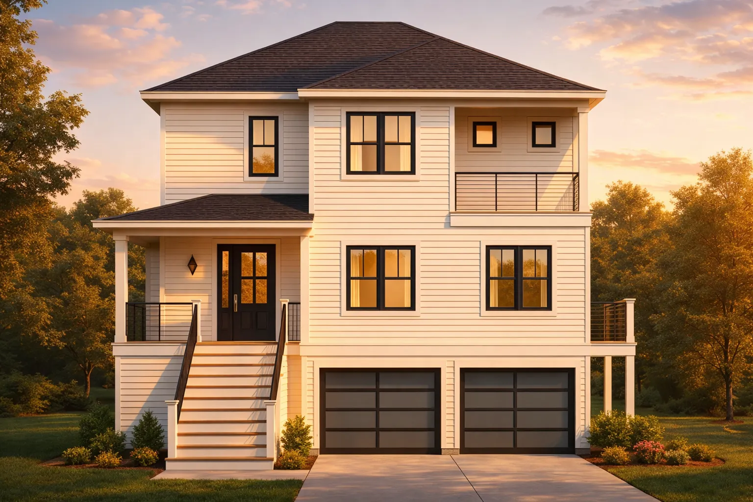 Front elevation of an elevated Coastal style home with horizontal siding, double garage, balcony railing, and symmetrical window design