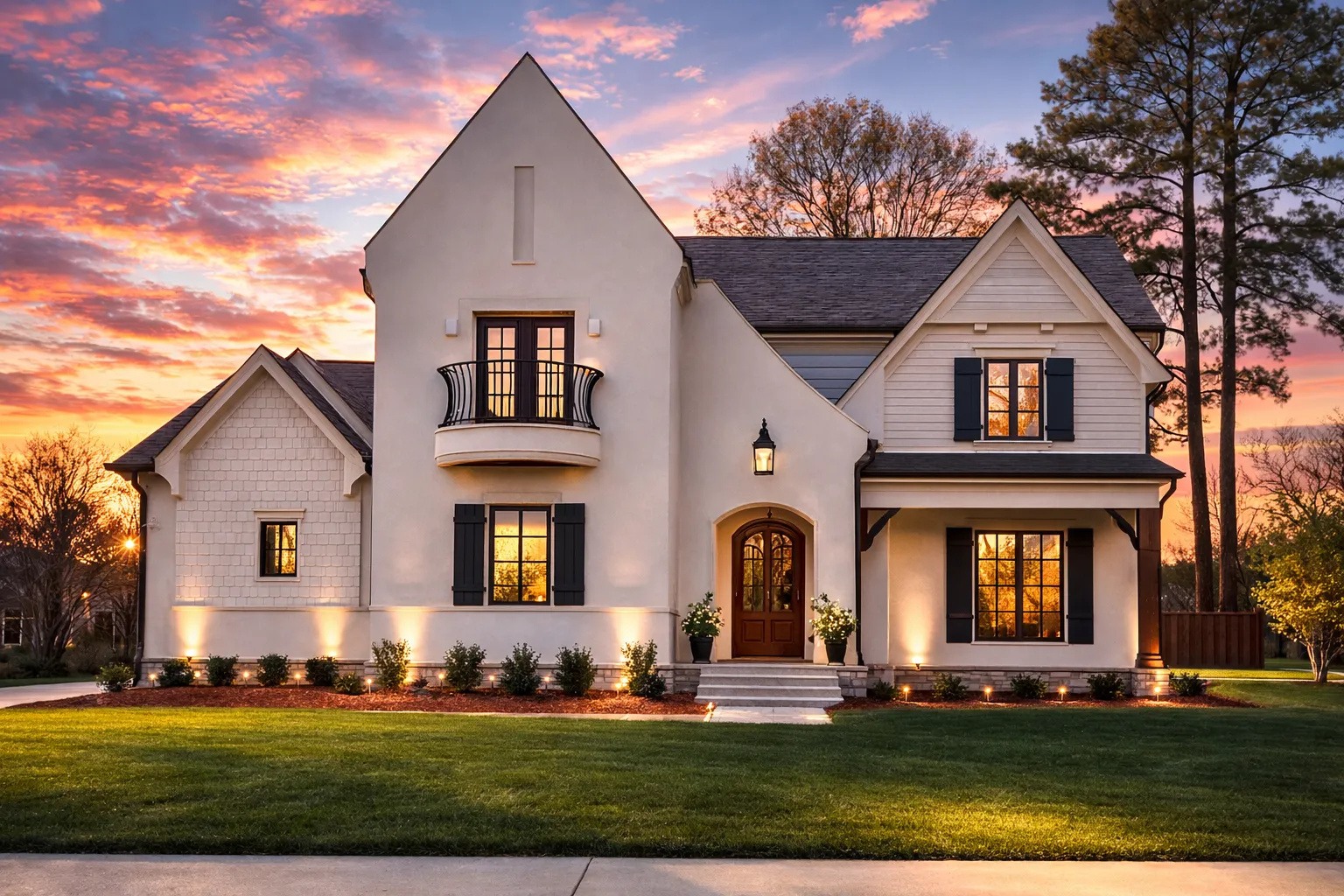 Front elevation of a French Country and French Provincial style home featuring smooth stucco exterior, steep rooflines, shuttered windows, and a refined European façade