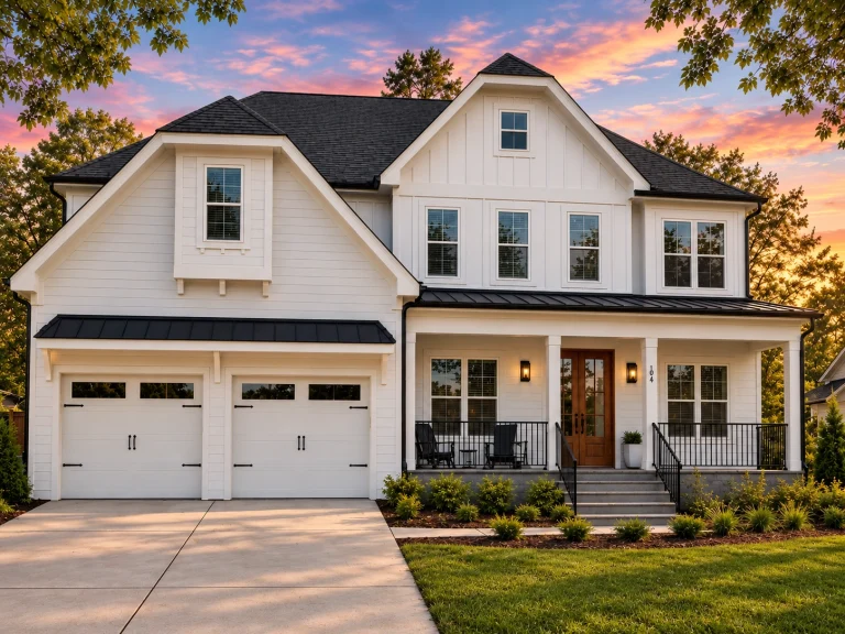 Front elevation of a Modern Farmhouse home with white board and batten siding, black metal roof accents, double garage, and covered front porch