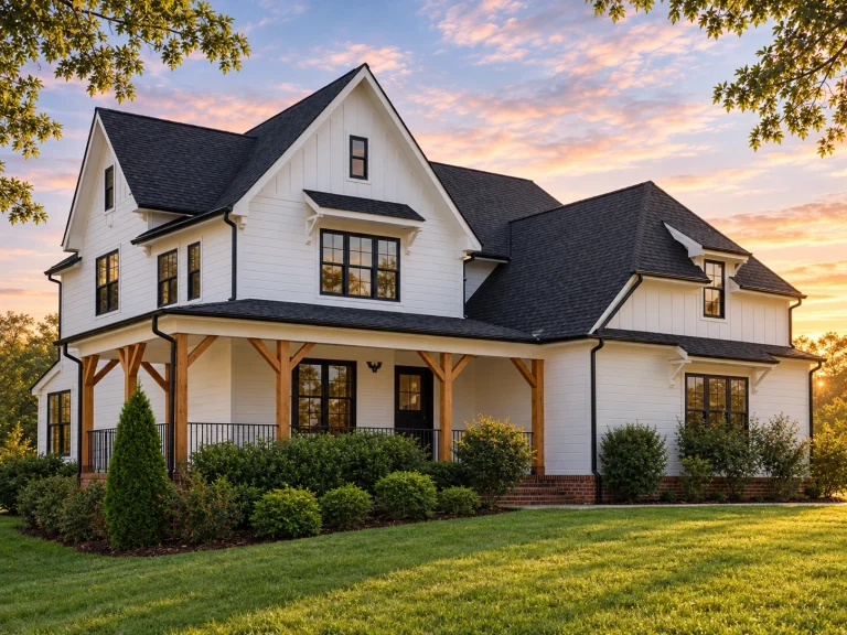 House Plans with Fireplace 10 Front exterior of a Modern Farmhouse style home featuring white board and batten siding, black windows, gabled rooflines, and a covered wraparound porch