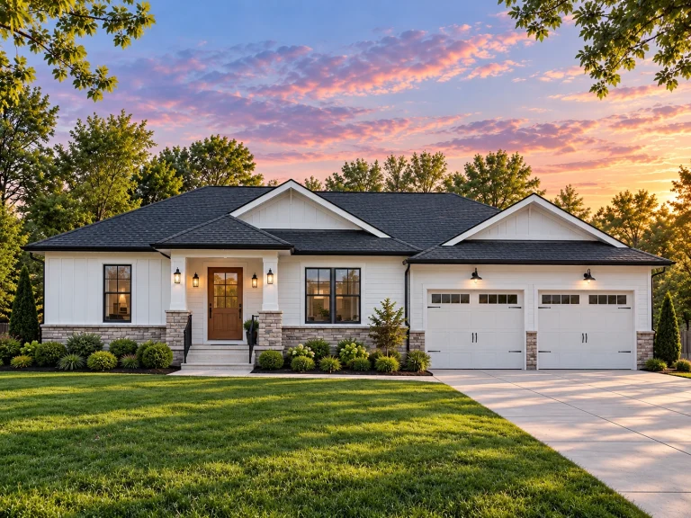 House Plans with Elevator 12 Front view of a Traditional Ranch style home with horizontal vinyl siding, gable rooflines, and attached two-car garage under a clear blue sky