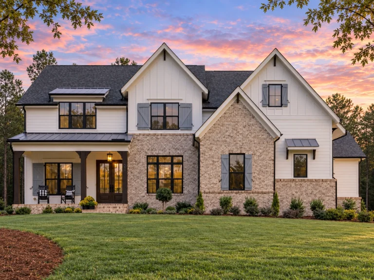 Front exterior view of a New American Modern Traditional home featuring painted brick, board and batten siding, steep gables, and a covered front porch