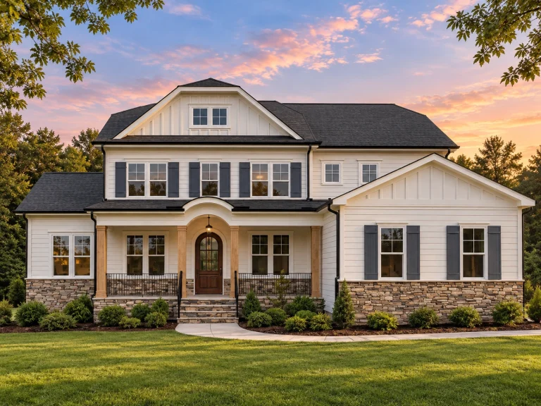 Front elevation of a New American modern traditional home featuring board and batten siding, stone accents, covered porch, and symmetrical façade