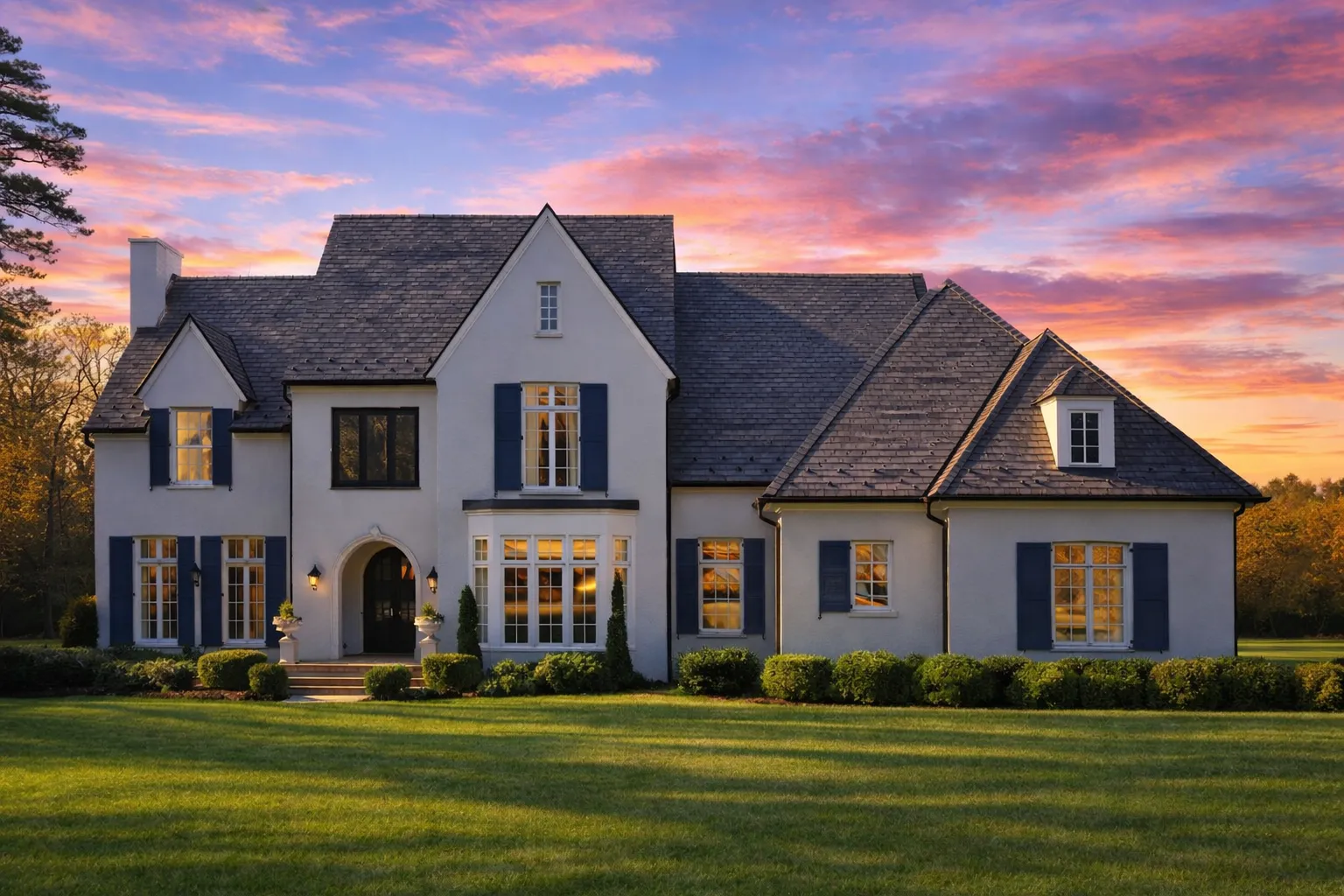 House Plans with Balcony 15 Front elevation of a French Country style home with painted brick exterior, steep slate-style rooflines, arched entry, and symmetrical European detailing