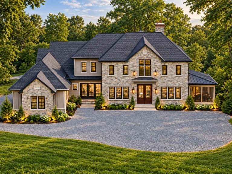 Ranch House Plans 13 Front elevation of a Traditional Colonial Revival home with brick exterior, symmetrical windows, black shutters, and covered side porch