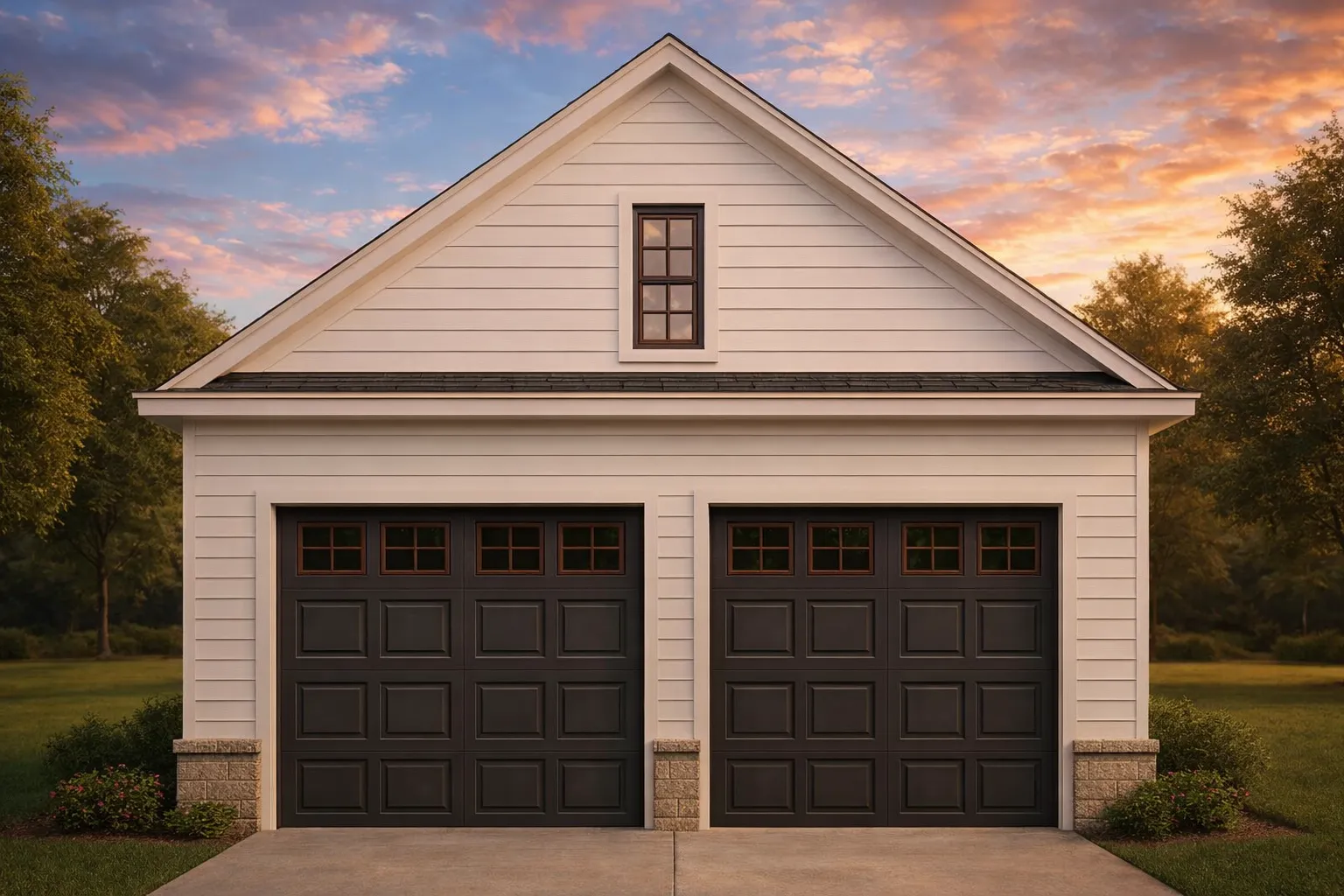 House Plans with Basement 30 Front elevation of a Cape Cod Cottage style detached two-car garage with horizontal siding, shingle gable, and symmetrical doors