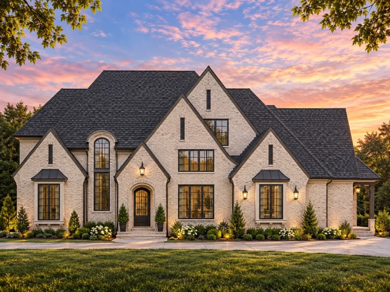 Front elevation of a New American modern traditional house with painted brick exterior, steep gabled rooflines, black-framed windows, and refined landscaping