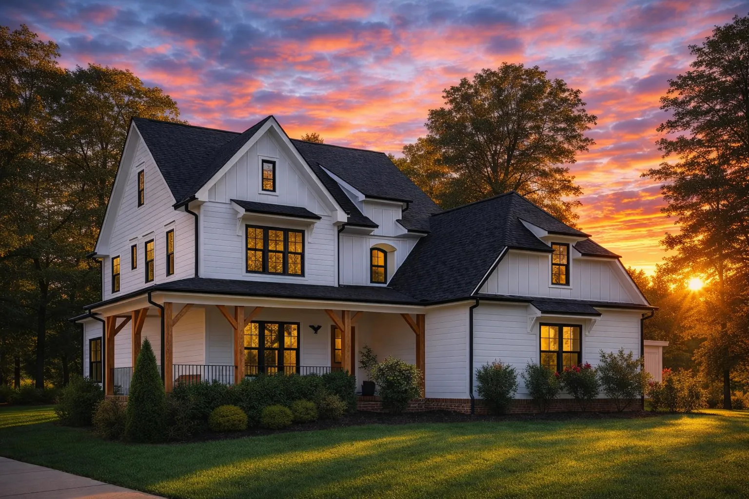 Front exterior of a Modern Farmhouse style home featuring white board and batten siding, black windows, gabled rooflines, and a covered wraparound porch