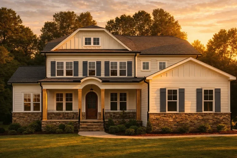 Front elevation of a New American modern traditional home featuring board and batten siding, stone accents, covered porch, and symmetrical façade