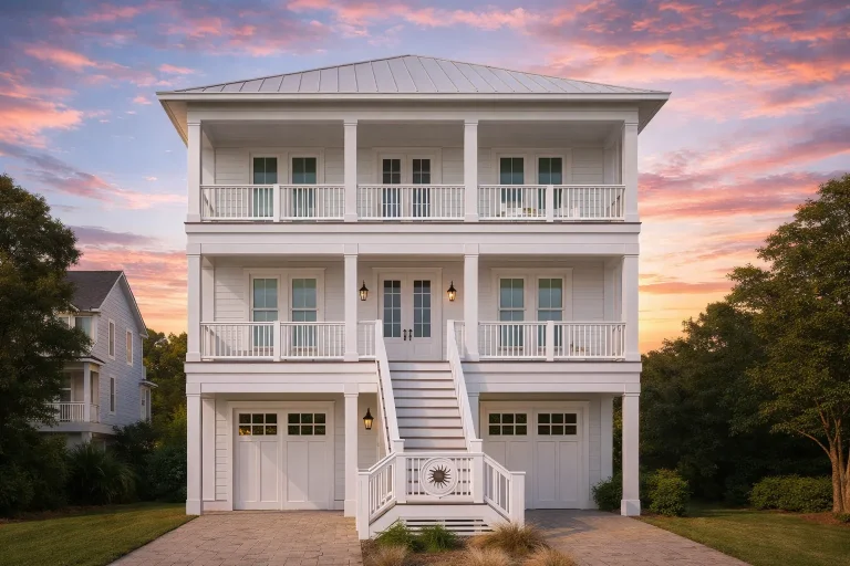 Front exterior of a Coastal Low Country style home featuring stacked porches, elevated foundation, white siding, and symmetrical Southern architecture
