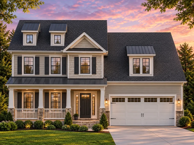 Front exterior view of a New American Traditional style house featuring stone veneer, horizontal siding, symmetrical windows, and a two-car garage