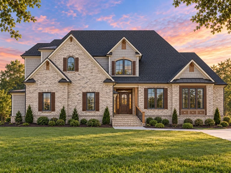 Front exterior view of a Traditional Colonial style home with full brick exterior, symmetrical window layout, steep gabled roof, and classic entry porch