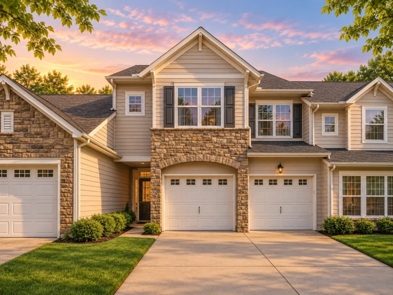 Transitional Ranch House Plans 13 Front exterior of a New American style townhome featuring horizontal siding, stone accents, multi-car garages, and balanced traditional architecture