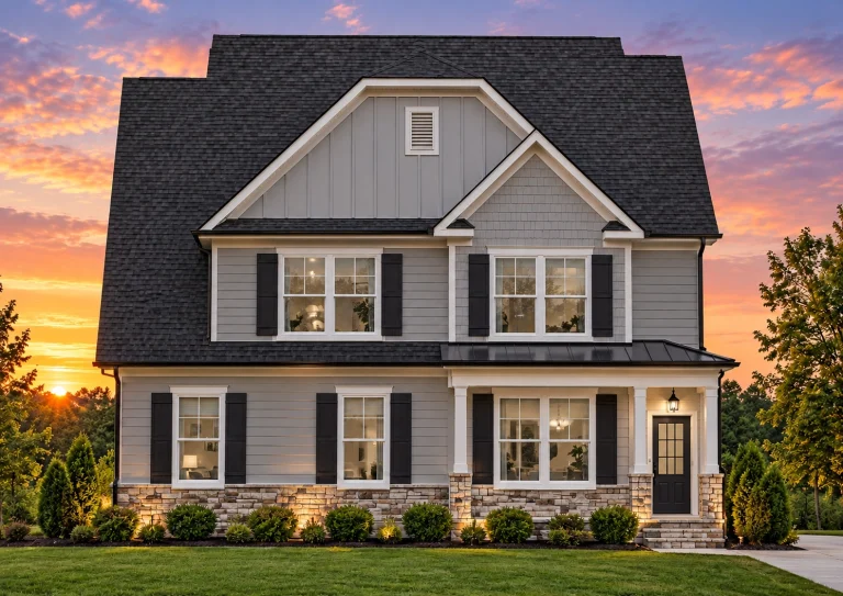 Courtyard House Plans 10 Front elevation of a New American Traditional style home with board and batten siding, lap siding, stone accents, and symmetrical windows