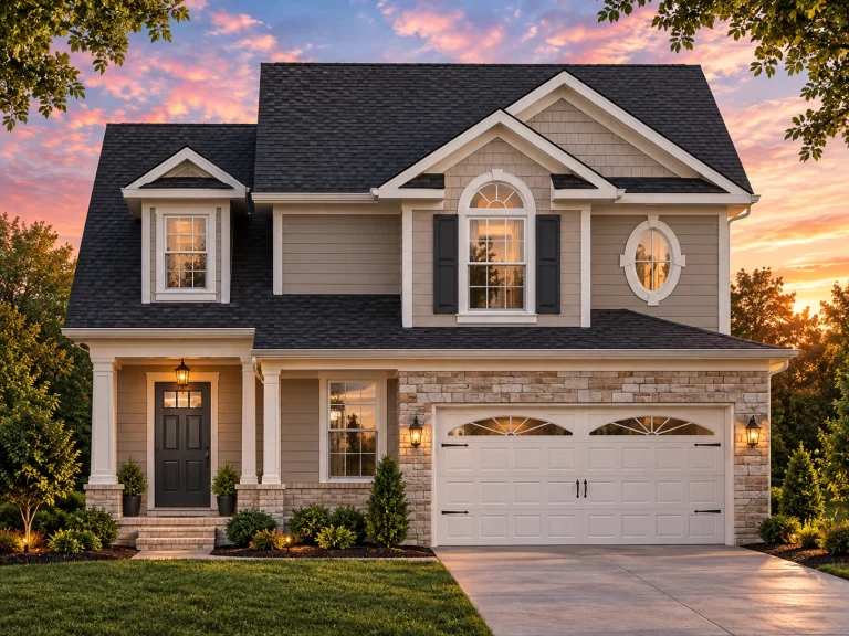 Front elevation of Neo-Colonial Traditional house with brick and lap siding, Craftsman columns, covered porch, and symmetrical 2-story design