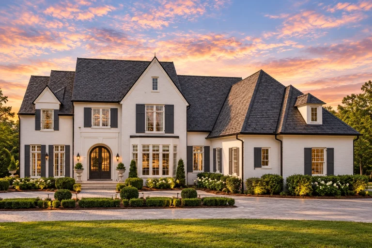 Front elevation of a French Country style home with painted brick exterior, steep slate-style rooflines, arched entry, and symmetrical European detailing