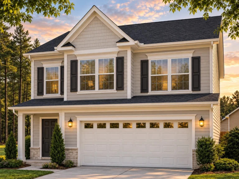 Front elevation of a Traditional Suburban two-story house with horizontal siding, red shutters, large windows, and a two-car garage