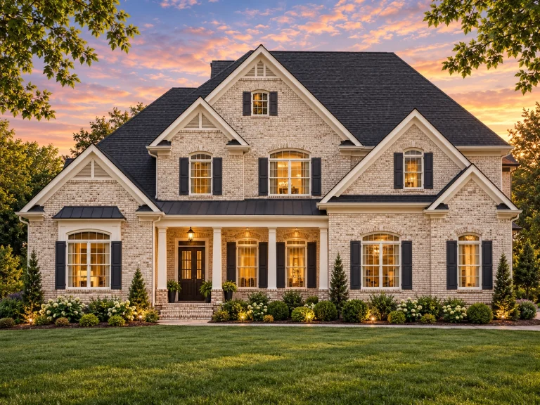 Rustic Craftsman House Plans 22 Front elevation of a Traditional Colonial Revival style home with brick exterior, gabled rooflines, and welcoming covered entry