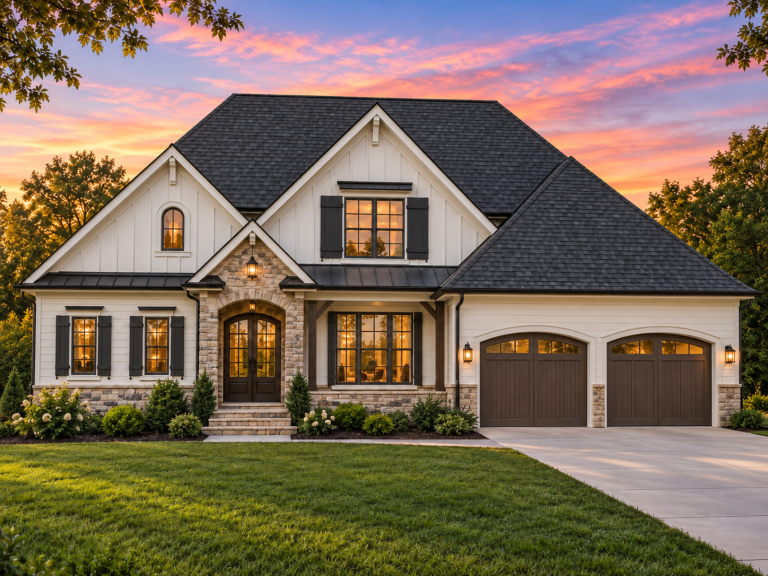 Front elevation of a New American modern traditional house featuring board and batten siding, stone accents, and carriage-style garage doors