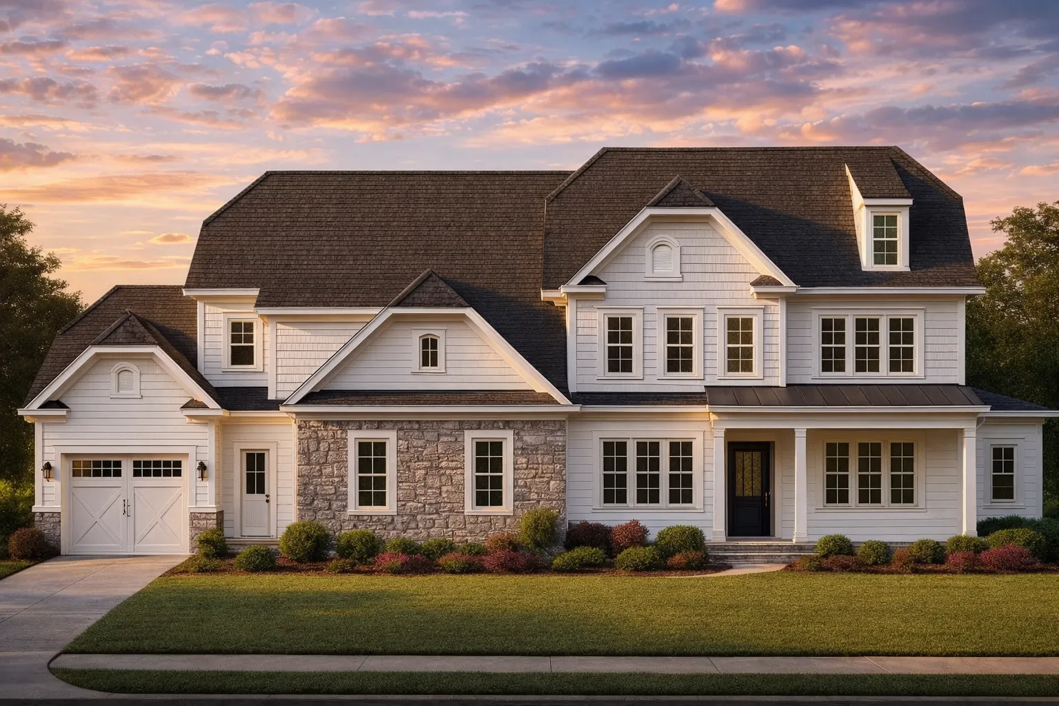 Front exterior of a New American Shingle Style house featuring stone accents, layered gables, and classic Modern Traditional architecture