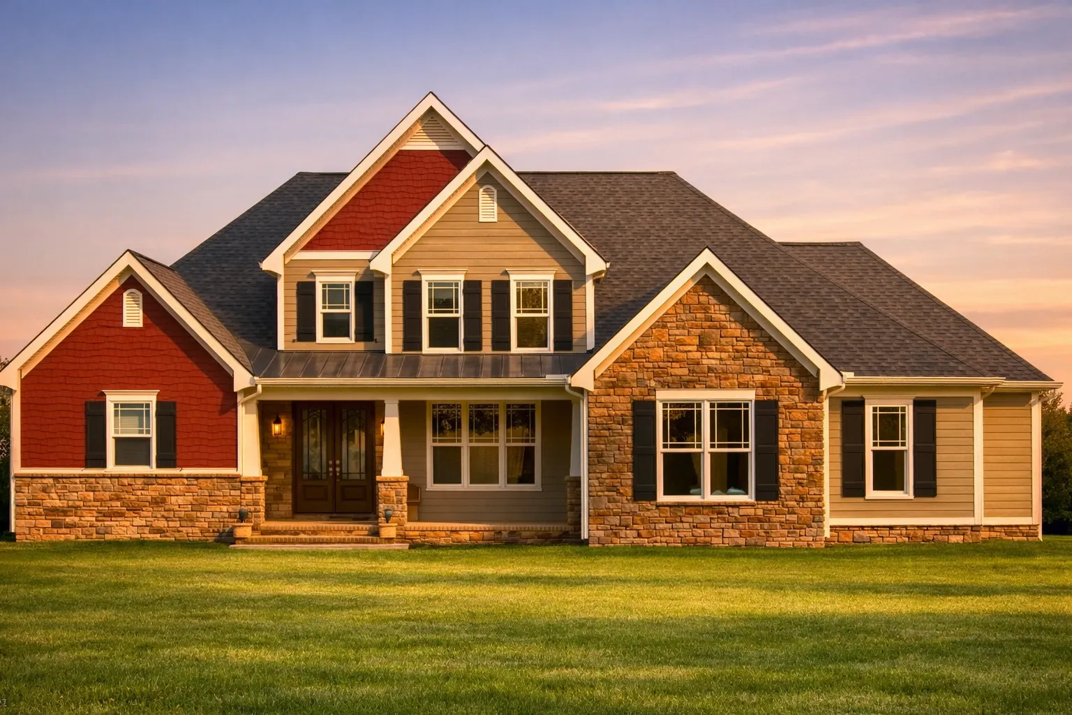 Front elevation of a New American Craftsman style home with stone accents, horizontal siding, gabled rooflines, and a covered front porch