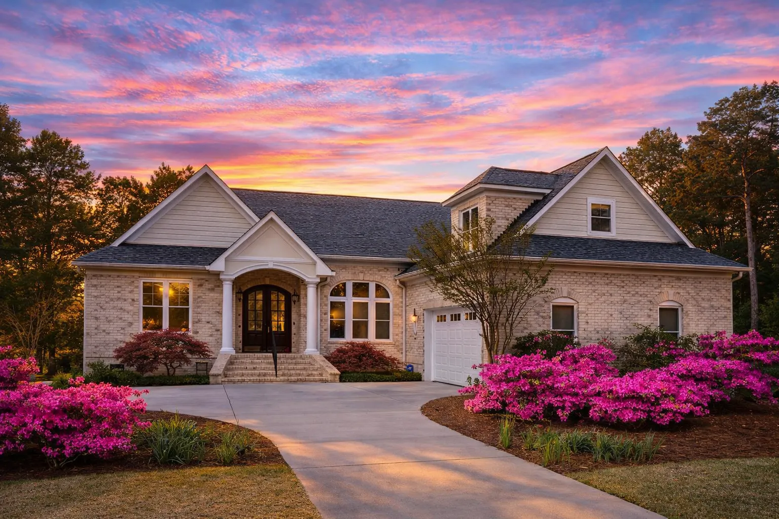 Front elevation of a Traditional Ranch style home with brick exterior, horizontal siding gables, arched windows, and symmetrical curb appeal