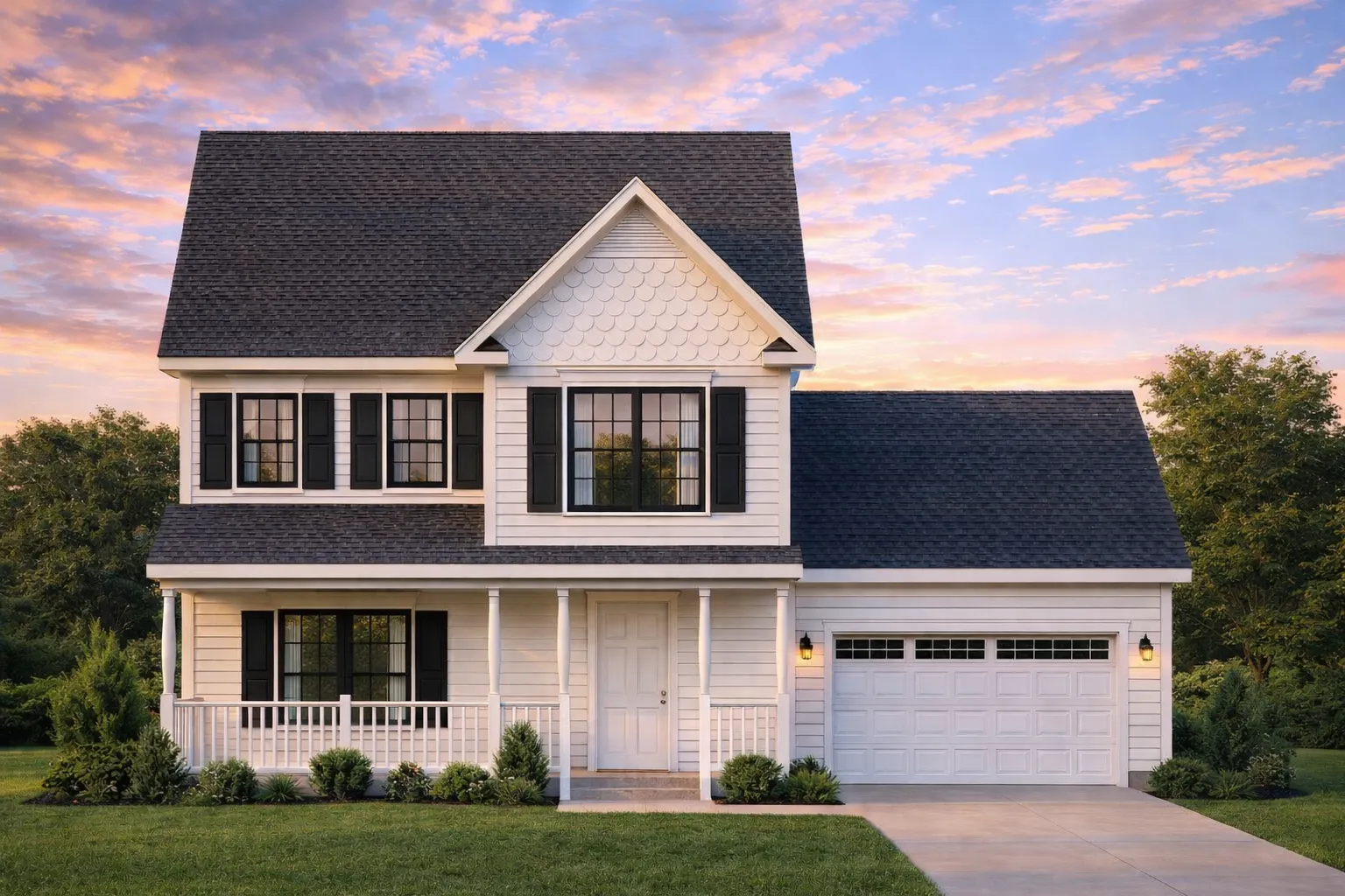 Front elevation of Colonial Revival style two-story home with horizontal lap siding, black shutters, covered front porch, and attached garage