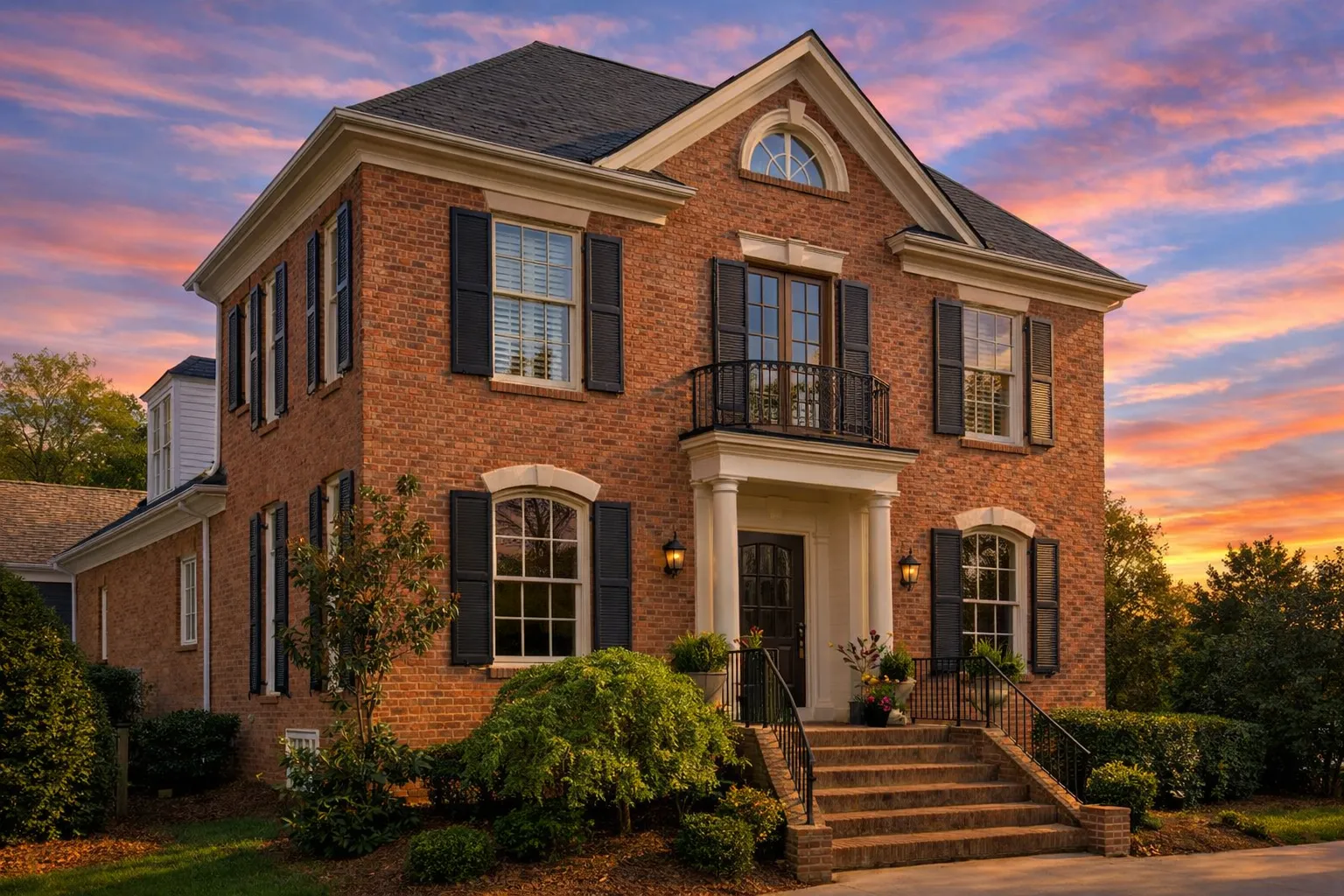 Front elevation of a Georgian Colonial style brick home with symmetrical façade, central entry, shuttered windows, and classical detailing