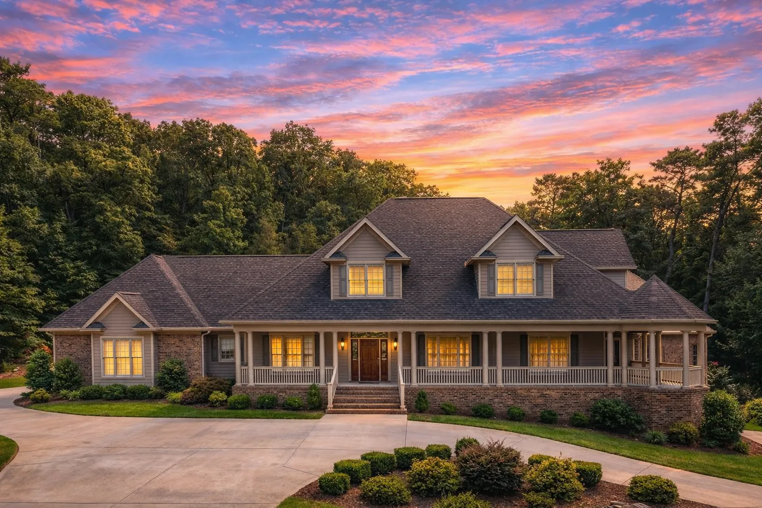 Front view of a Southern Farmhouse style home featuring horizontal siding, brick foundation, gabled dormers, and a wide wraparound porch