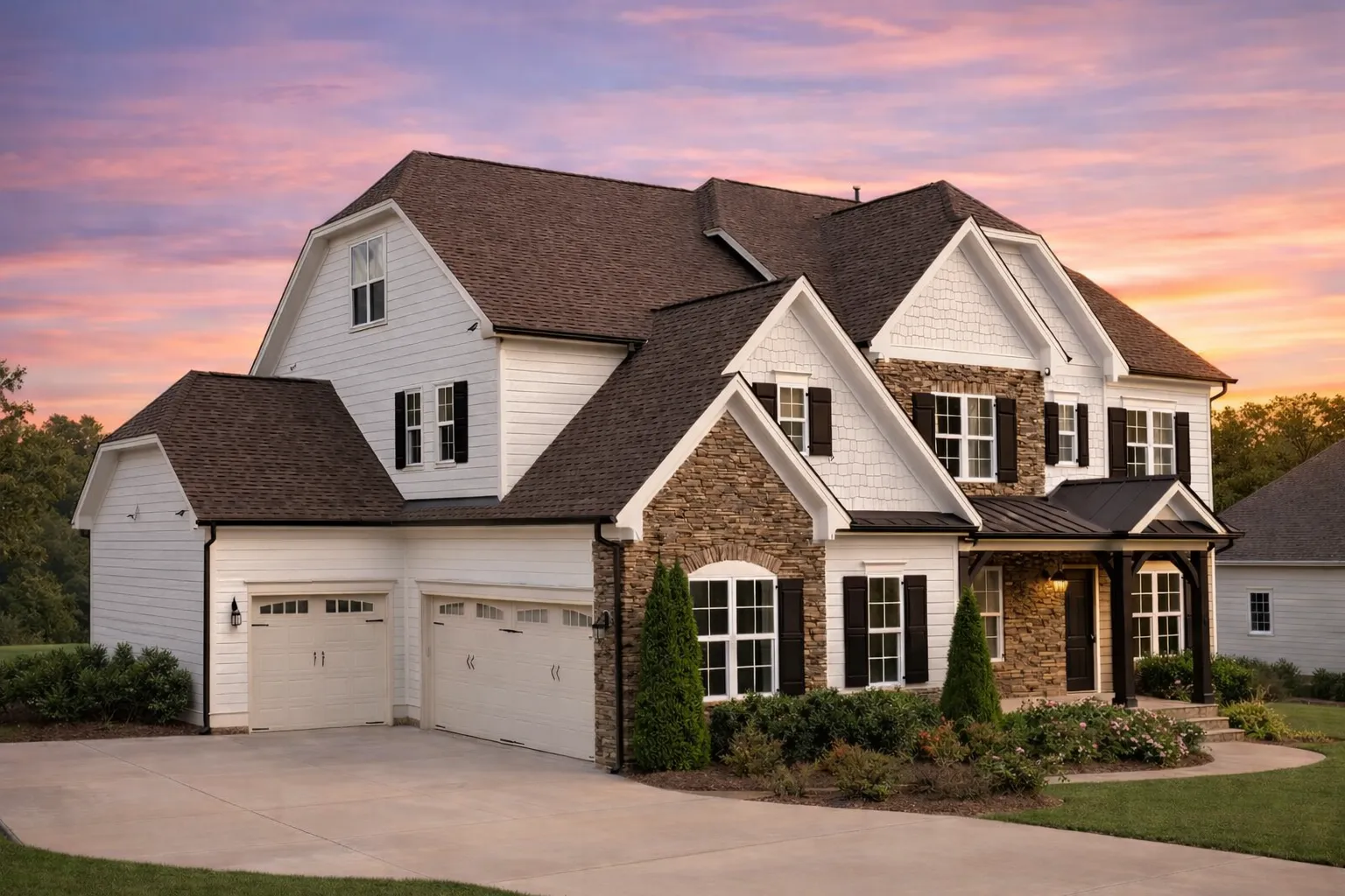 Front elevation of a New American Modern Traditional house with stone veneer, horizontal siding, symmetrical windows, and welcoming covered entry