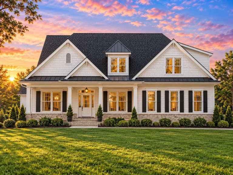 Front view of a Modern Farmhouse style home featuring horizontal lap siding, board and batten accents, dark shutters, gabled dormers, and a welcoming covered entry