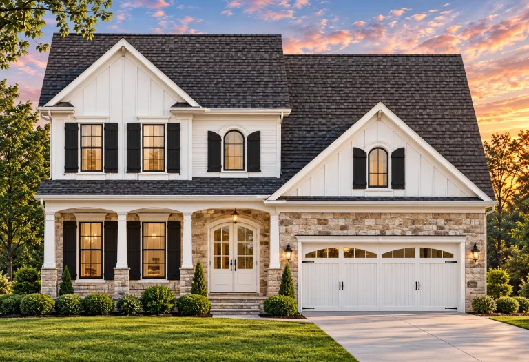 Front elevation of a modern farmhouse style home featuring white board and batten siding, stone exterior accents, black shutters, and a welcoming covered porch