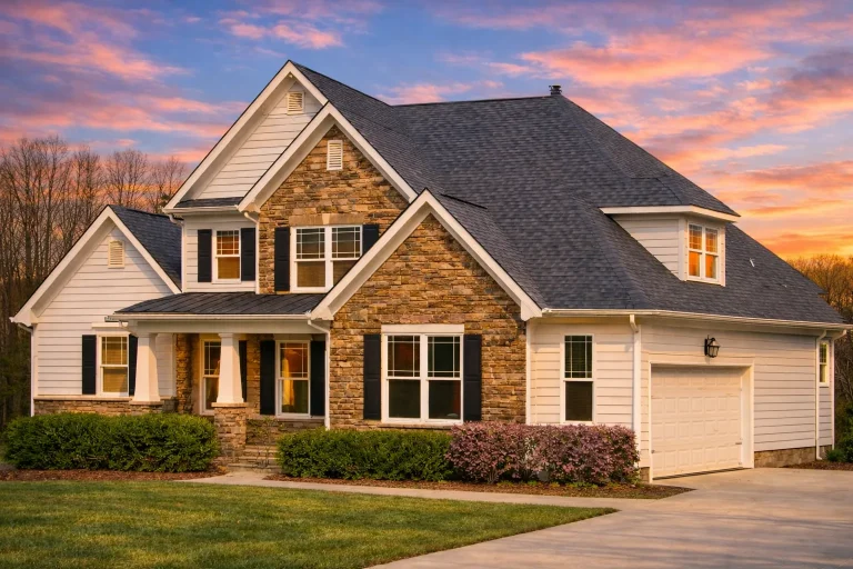 Front elevation of a New American Craftsman style home with stone accents, horizontal siding, gabled rooflines, and a covered front porch