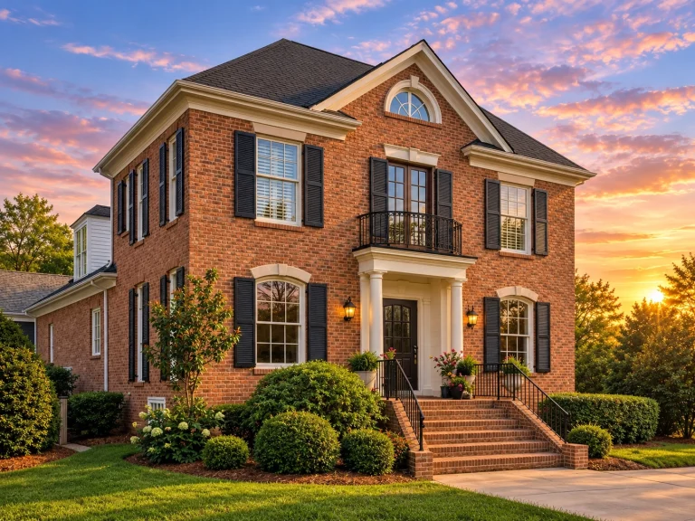 Front elevation of a Georgian Colonial style brick home with symmetrical façade, central entry, shuttered windows, and classical detailing