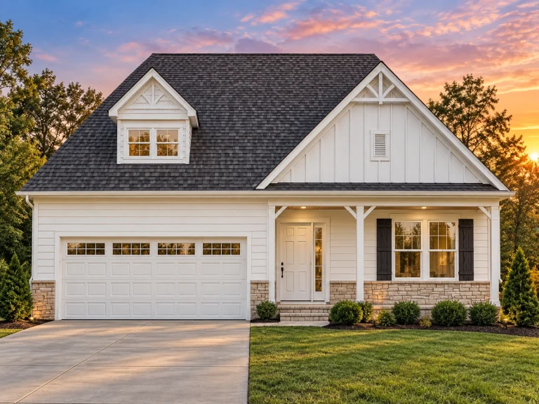 Front elevation of a Modern Farmhouse Ranch style home showcasing board and batten siding, stone accents, and warm red shutters on a single-story design.