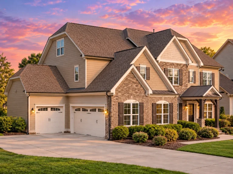 Front elevation of a New American Modern Traditional house with stone veneer, horizontal siding, symmetrical windows, and welcoming covered entry
