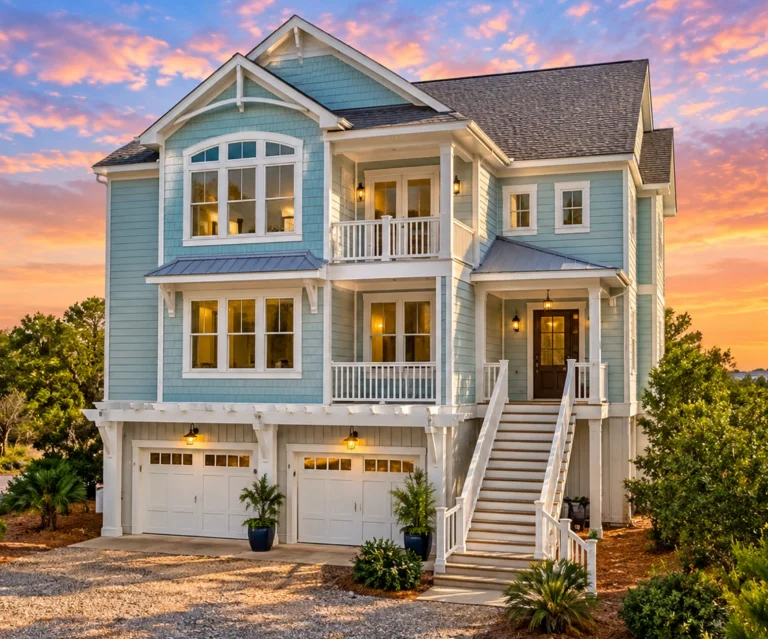 Front exterior view of an elevated coastal beach house with blue lap siding, covered porches, exterior stair entry, and garage below designed for flood-prone coastal living