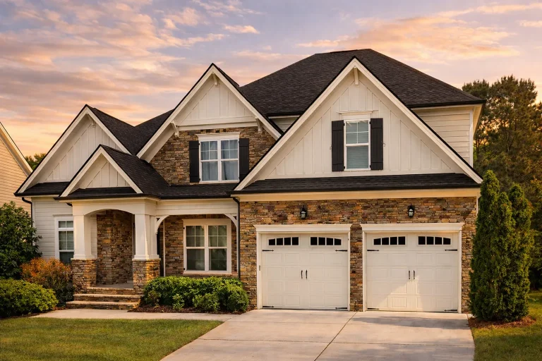 Front elevation of a New American Modern Traditional style house featuring stone veneer, horizontal siding, gabled rooflines, and a two-car garage