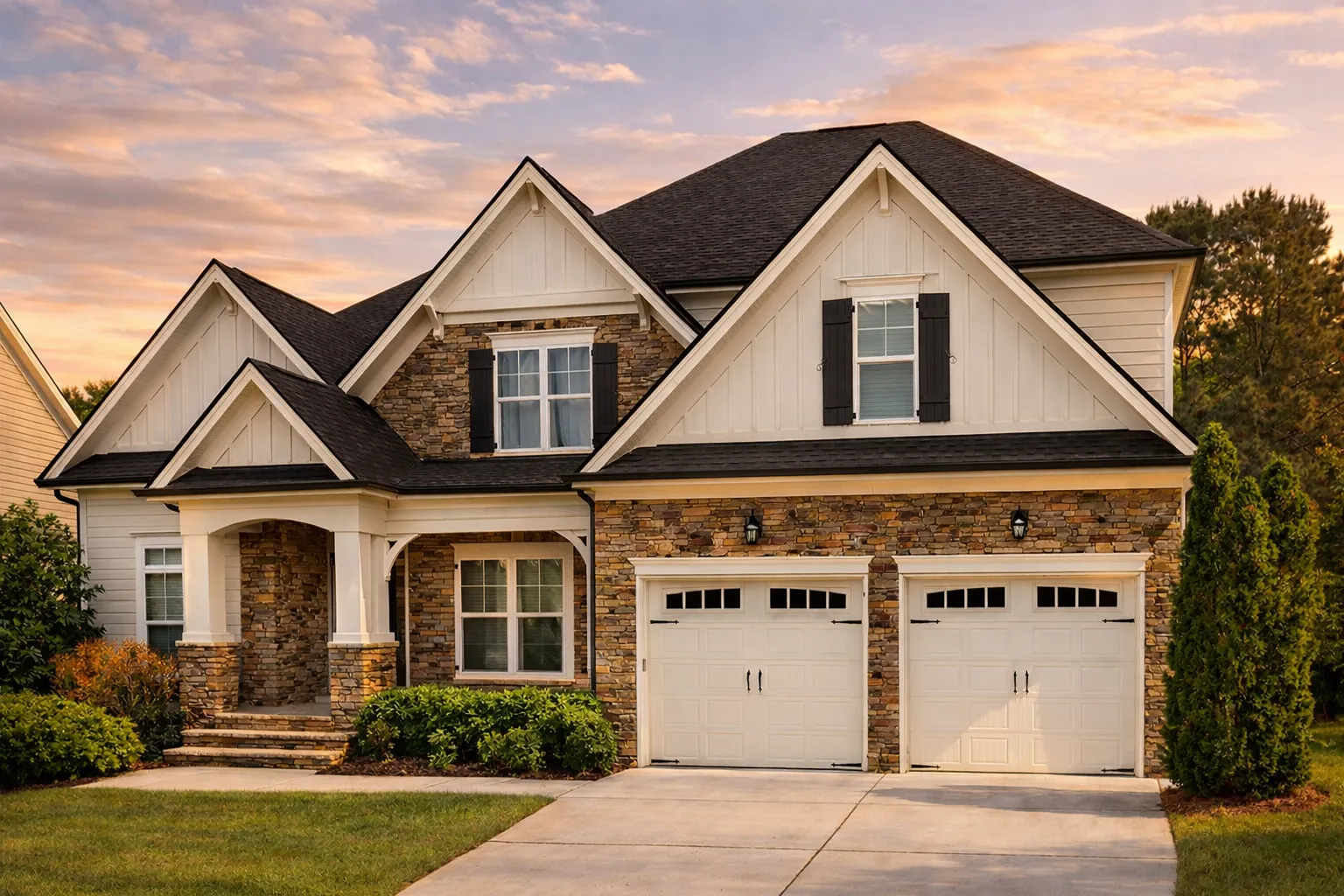 Front elevation of a New American Modern Traditional style house featuring stone veneer, horizontal siding, gabled rooflines, and a two-car garage