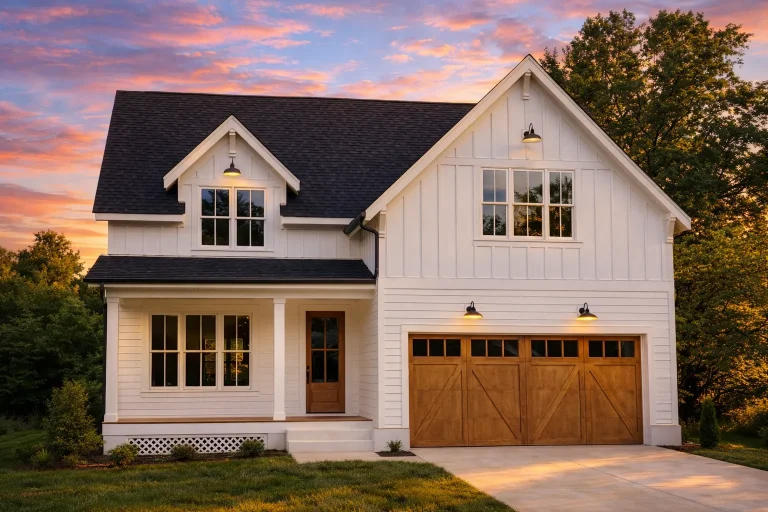 Front elevation of a Modern Farmhouse with white board and batten siding, gabled rooflines, covered porch, and two-car garage