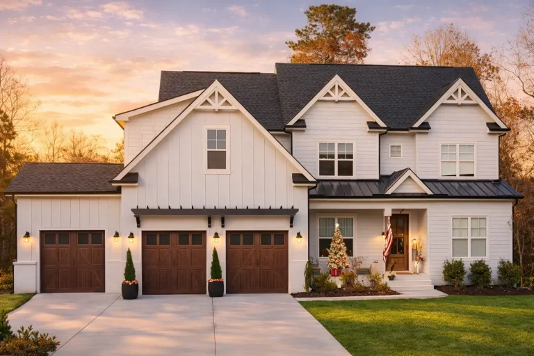 Front elevation of a Modern Farmhouse style home with white board and batten siding, black metal porch roof, wood garage doors, and classic gabled rooflines